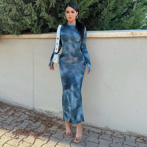 Ladies Elegant fitted maxi dress with long sleeves and refined draping Amarae