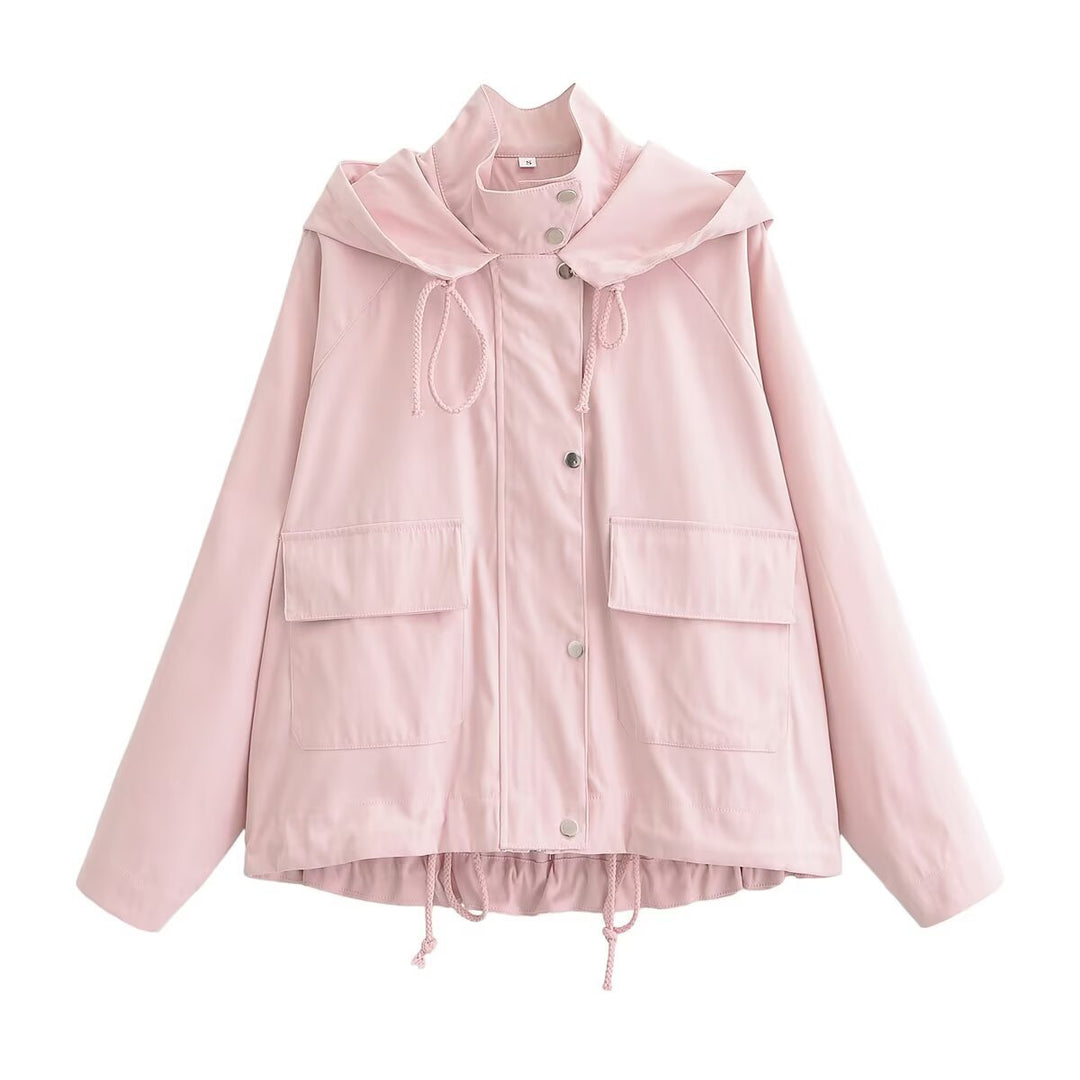 Women's Short Water-Repellent Hooded Jacket with Drawstring, Snap Button Placket, and Flap Pockets Amarae
