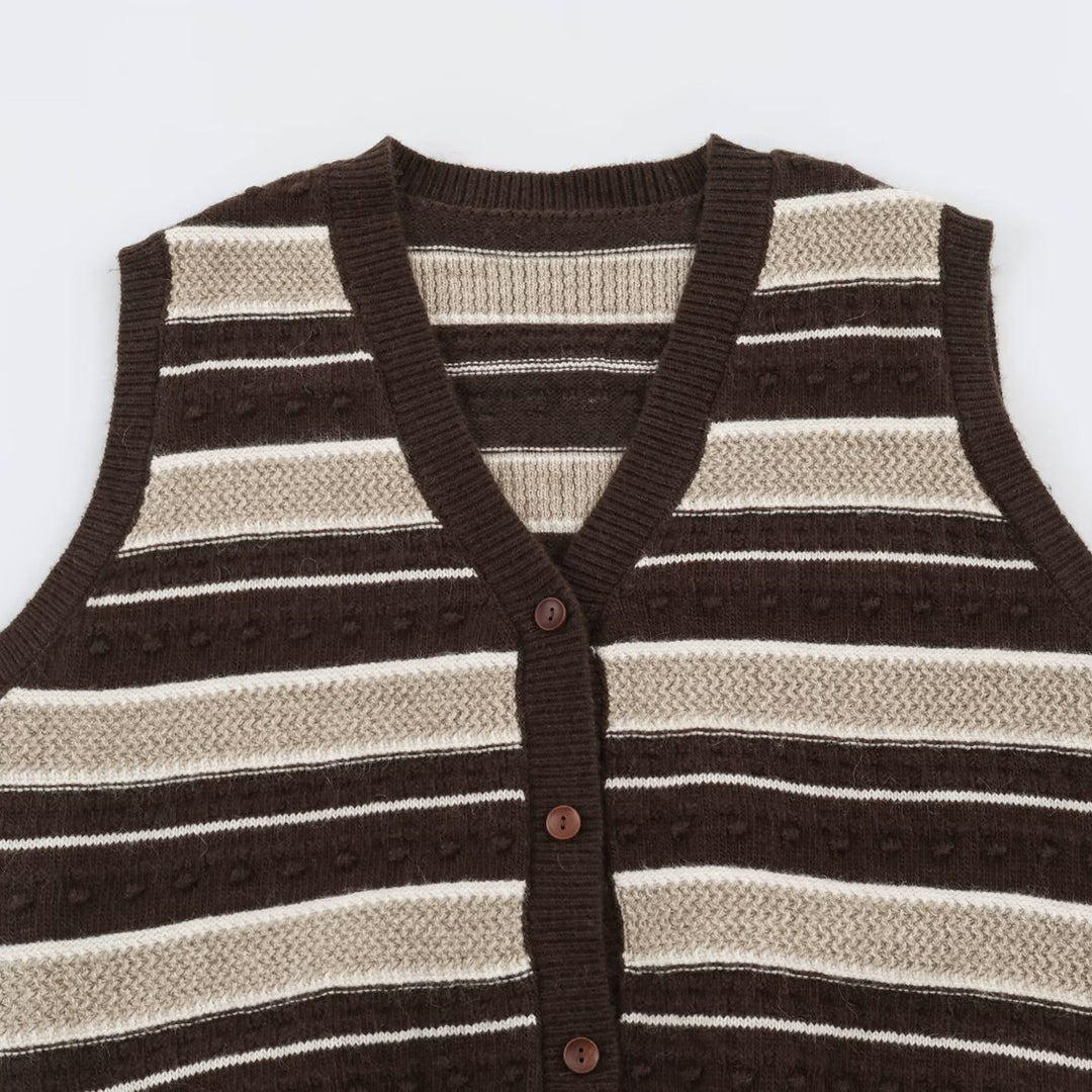 Women's fine knitted vest with V-neck, textured stripes and button placket Amarae