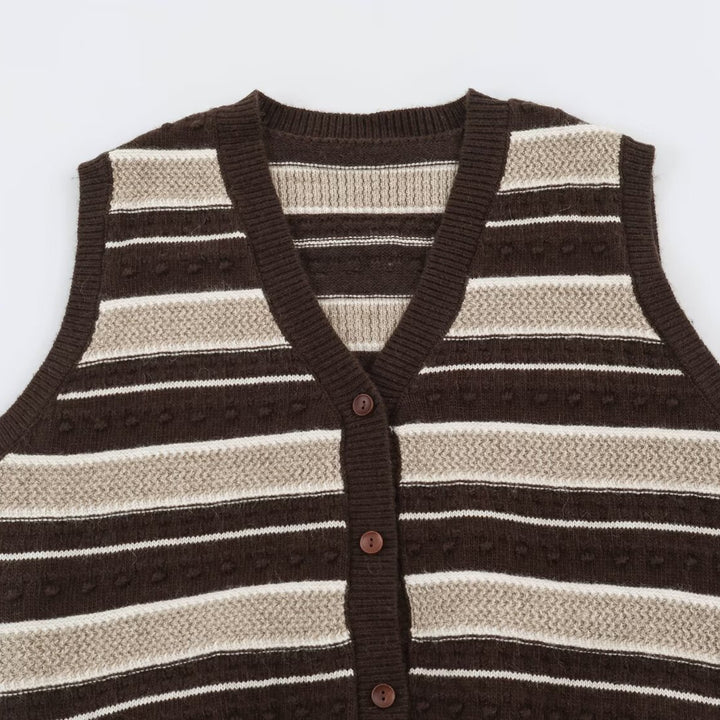 Women's fine knitted vest with V-neck, textured stripes and button placket Amarae