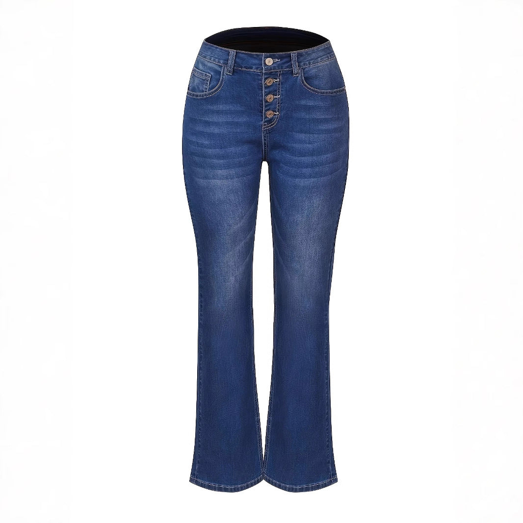 Women High-Waisted Button-Fly Flared Jeans with Sculpting Center Seam Amarae