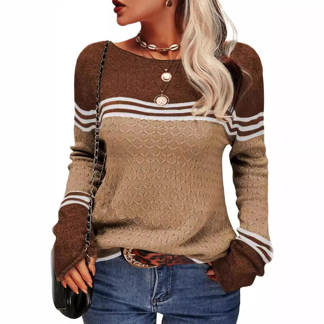Pull tricoté décontracté pour femmes avec des blocs de couleur contrastants et une texture unique Chic & Stil