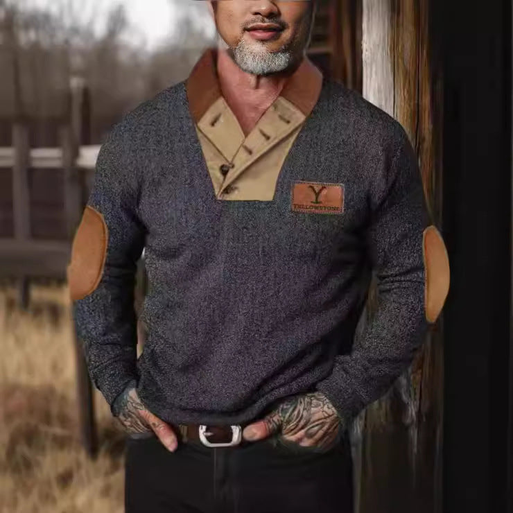 Trendy men's sweater with contrasting collar and elbow patches Lune London