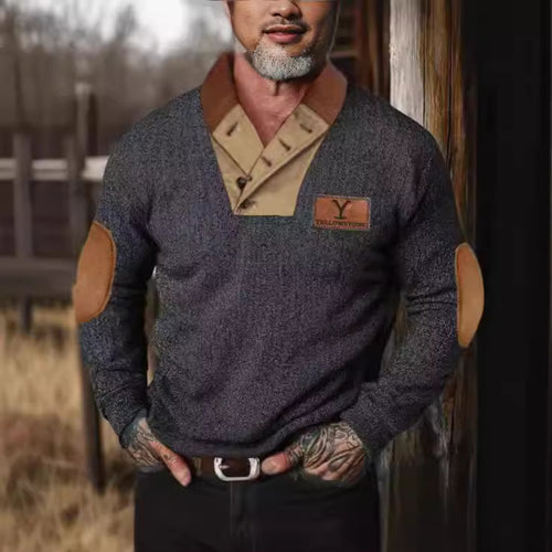Trendy men's sweater with contrasting collar and elbow patches Amarae