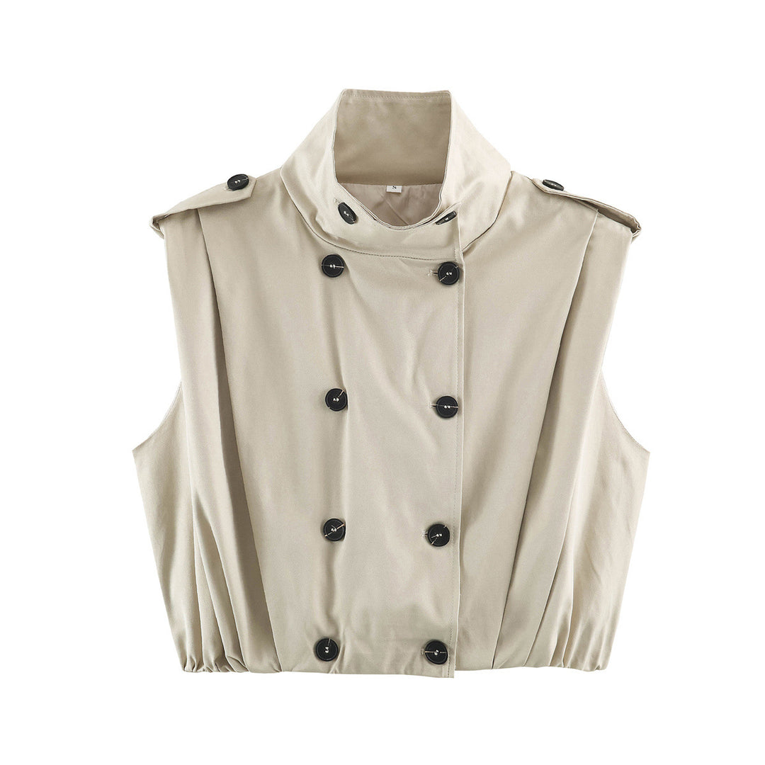 Women's Cropped Trench Vest without Sleeves with Double-Breasted Button Placket and Epaulets Amarae