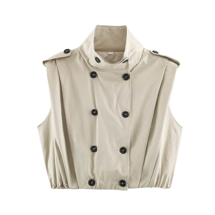 Women's Cropped Trench Vest without Sleeves with Double-Breasted Button Placket and Epaulets Amarae