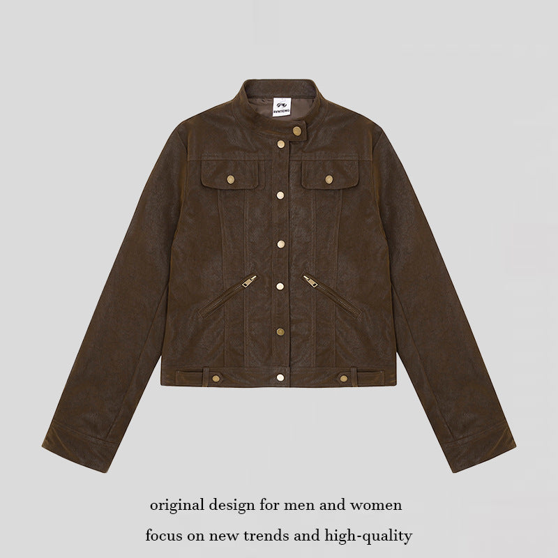 Women Short Cut Faux Leather Jacket in Vintage Moto Style Amarae
