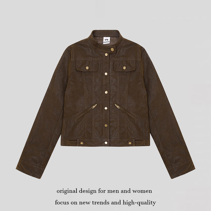 Women Short Cut Faux Leather Jacket in Vintage Moto Style Amarae