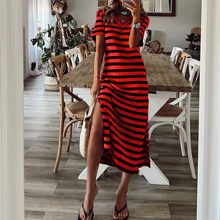 Maxi dress for women with a deep side slit and a trendy striped pattern Lune London