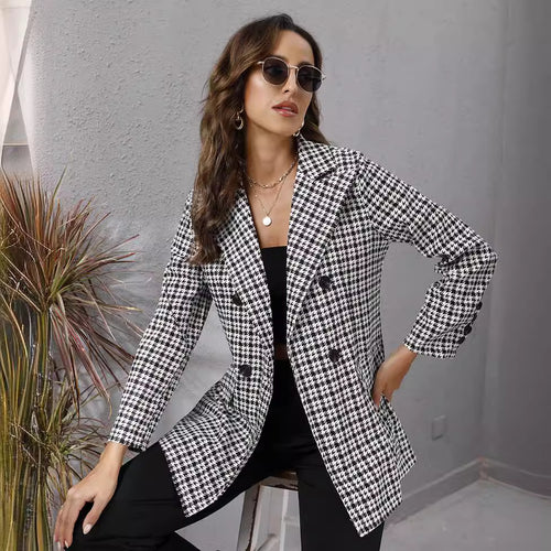 Elegant checkered blazer for women with double-breasted buttons Amarae