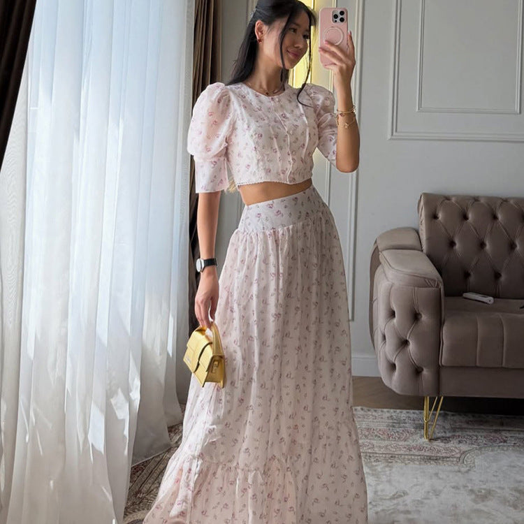 Women's Two-Piece Chiffon Set with Cropped Puff Blouse and Tiered Maxi Skirt Amarae