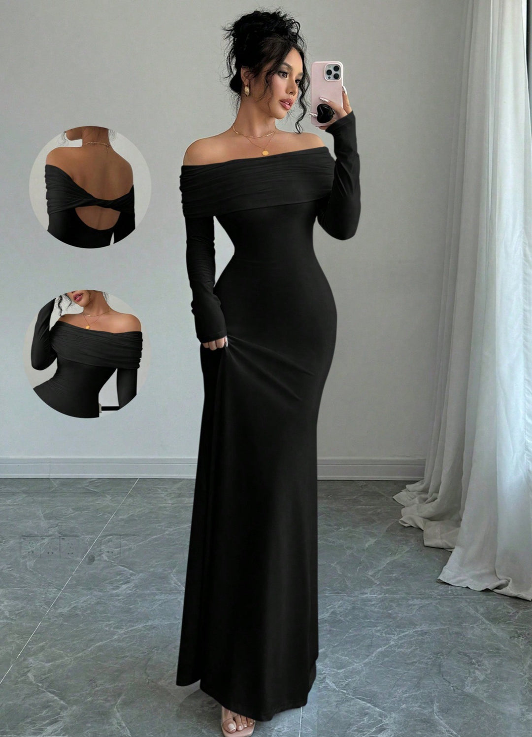 Maxi festive dress for women with off-shoulder neckline and fitted cut Lune London