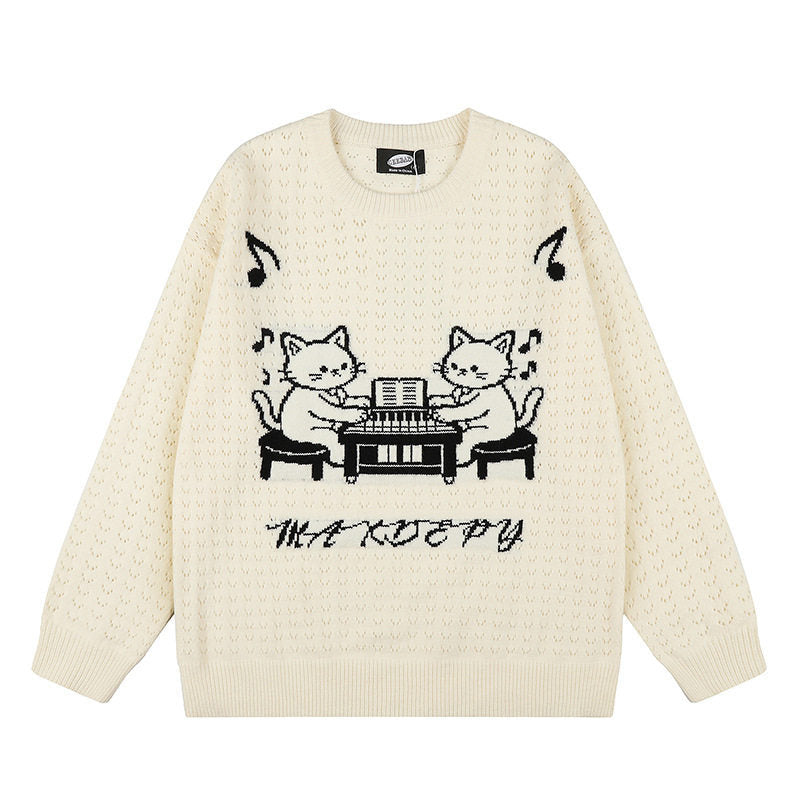 Women's Oversize Knit Sweater with Jacquard Cat Motif and Musical Design Amarae