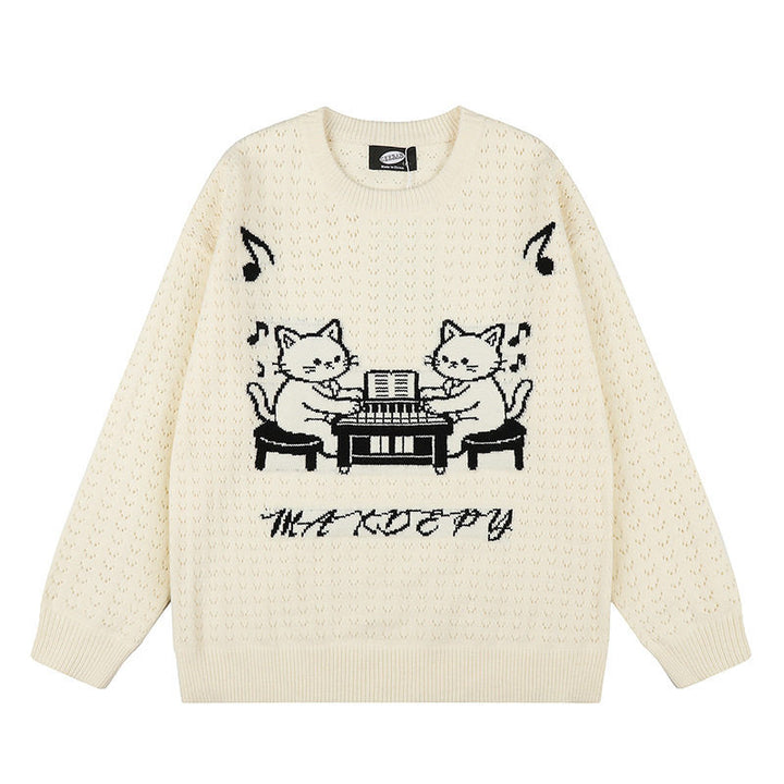 Women's Oversize Knit Sweater with Jacquard Cat Motif and Musical Design Amarae
