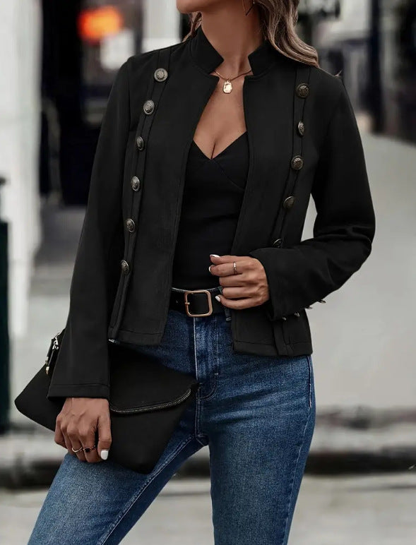 Trendy short women's jacket with classic stand collar and decorative button details Lune London