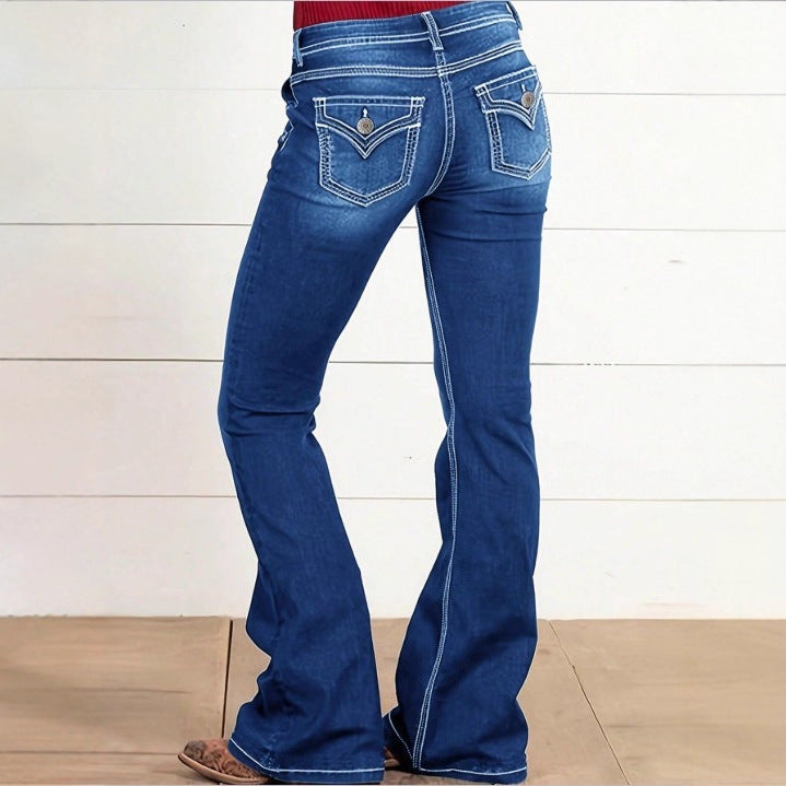 Women's High-Waisted Flared Jeans with Decorative Metal Buttons and Contrast Stitching Amarae