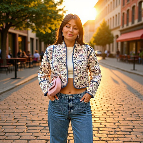 Veste courte matelassée pour femmes avec un design floral et des coutures contrastées Chic & Stil