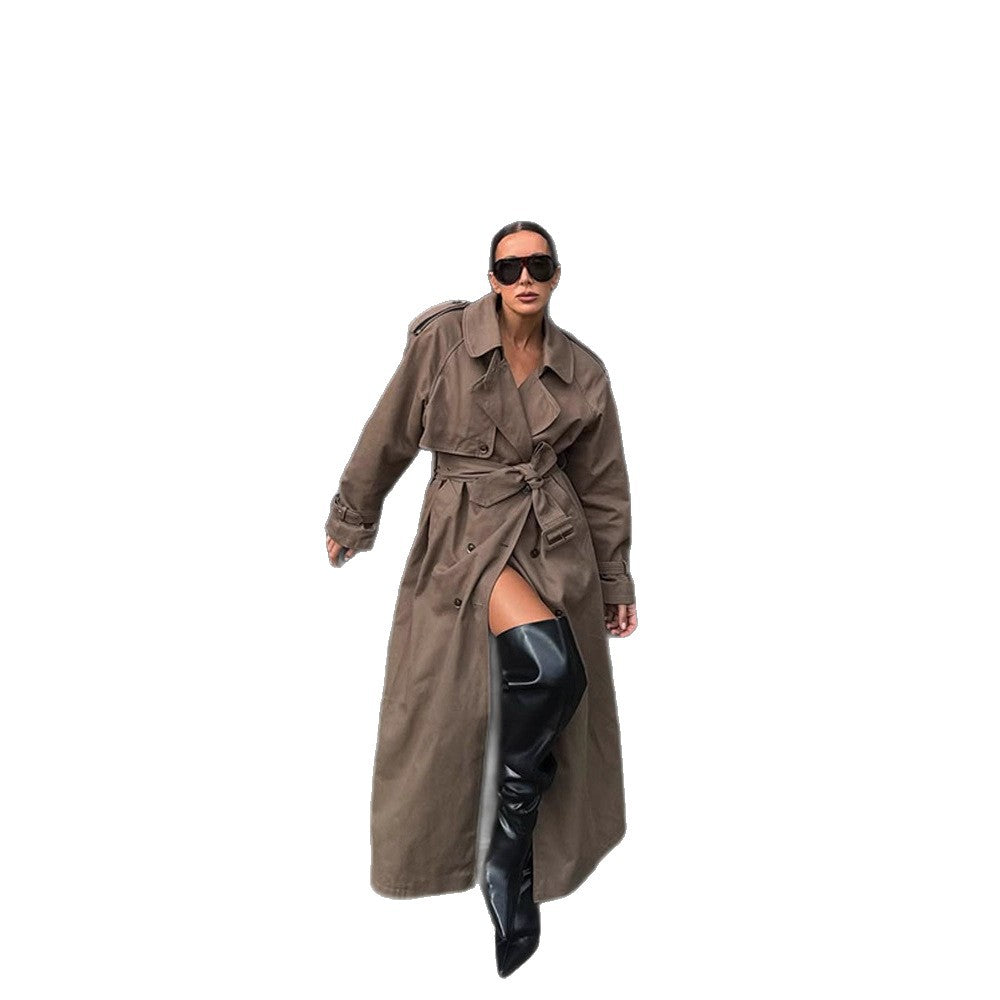 Women's Maxi Length Trench Coat with Emphasized Shoulder Section, Double Button Placket and Tie Belt Amarae