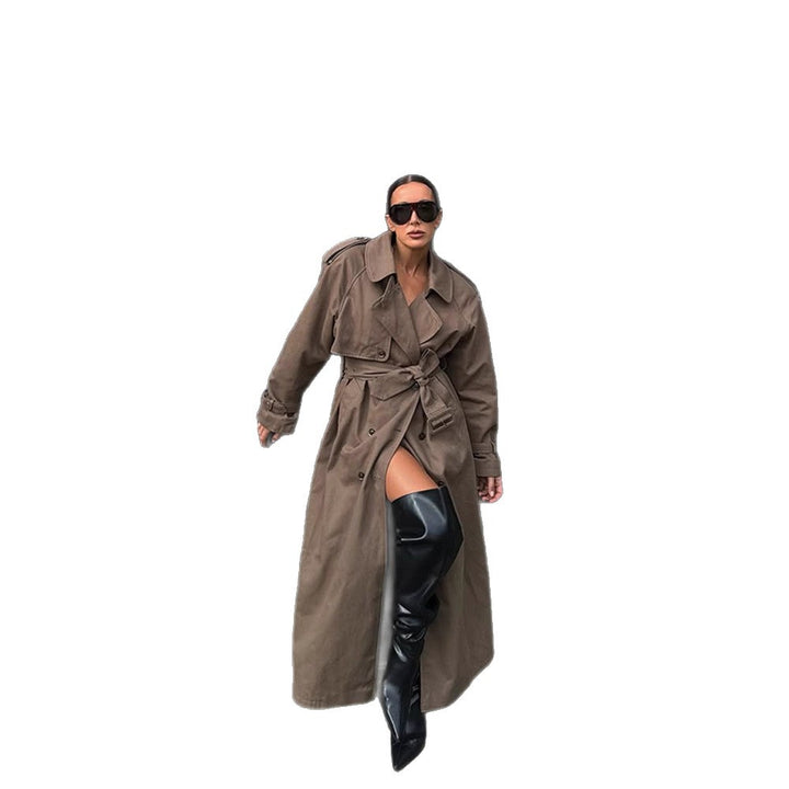 Women's Maxi Length Trench Coat with Emphasized Shoulder Section, Double Button Placket and Tie Belt Amarae
