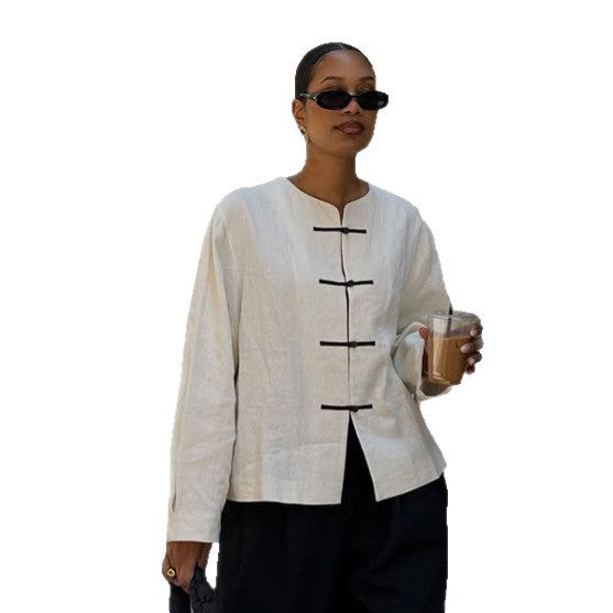 Women's Boxy Linen Blouse with Toggle Closures and Asymmetric Hem Amarae