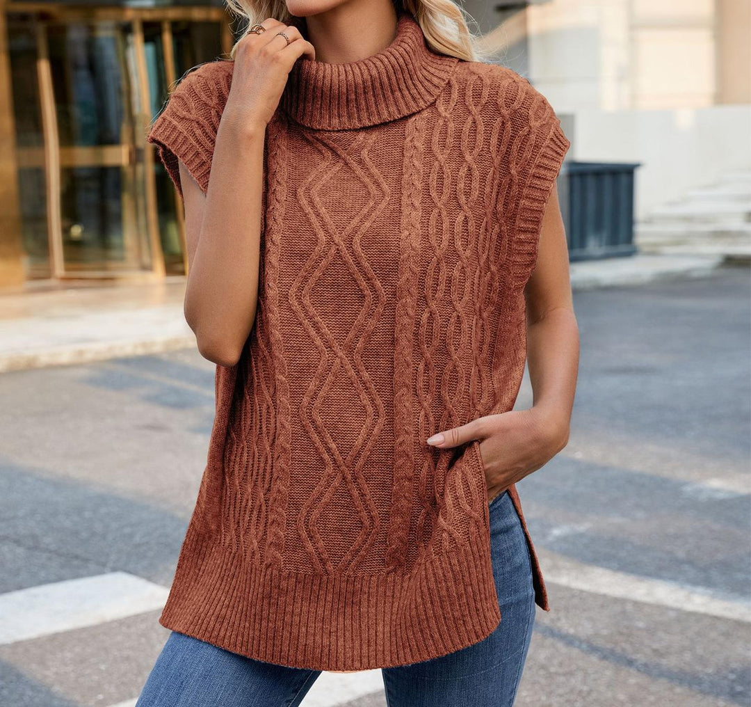 Ladies knit top with high collar and side slits Lune London