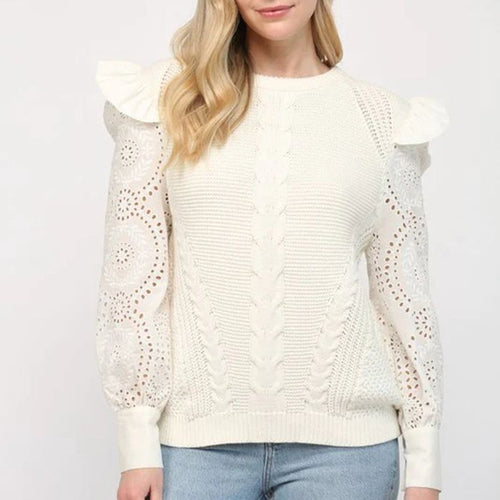 Elegant knitted sweater for women with ruffle details and lace pattern Amarae