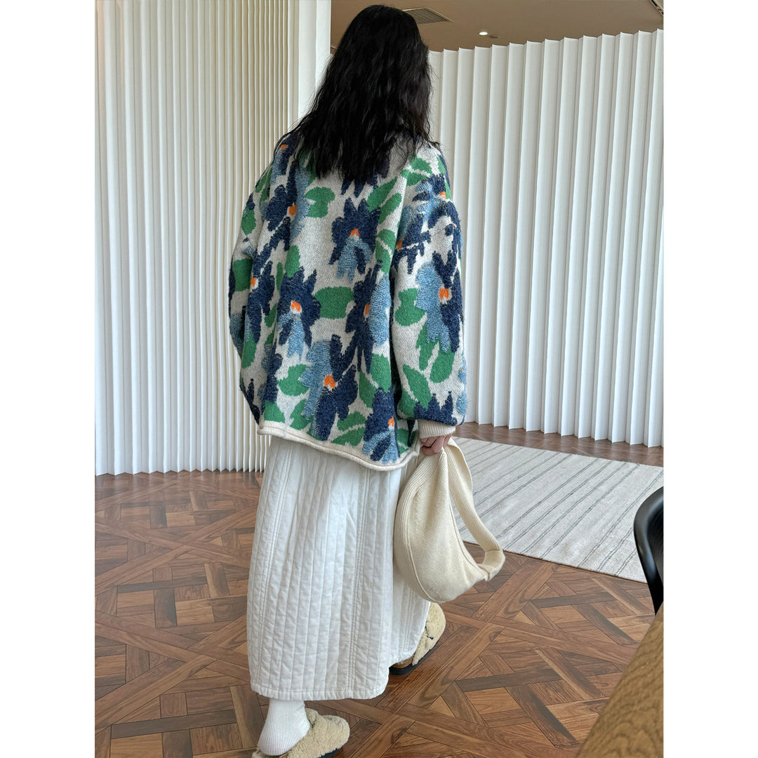 Women Patterned Chunky Knit Cardigan with Crew Neck and Patch Pockets Amarae