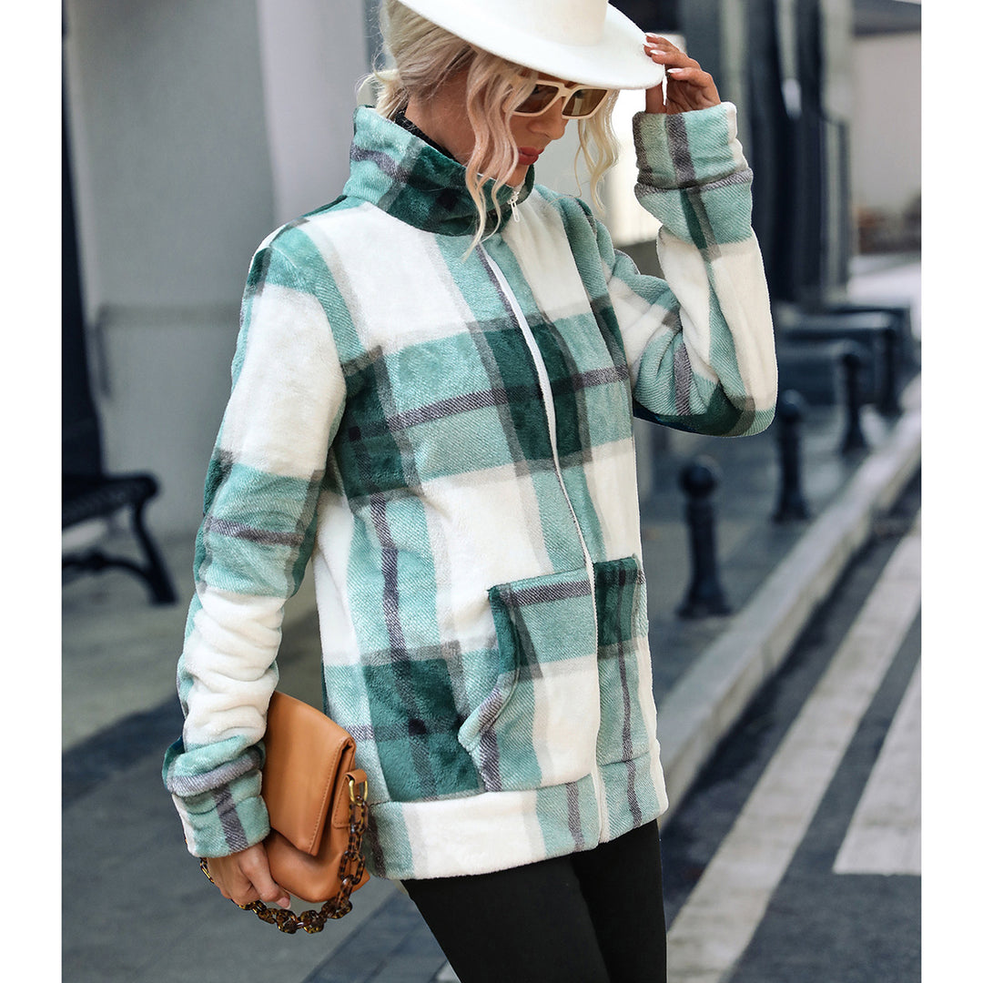 Fleece jacket for women with a modern plaid pattern and a high collar Lune London