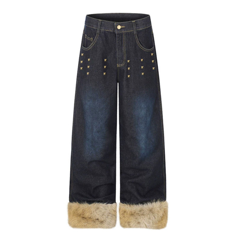 Women's Wide Denim Palazzo Jeans with Fur Cuffs and Studs Amarae