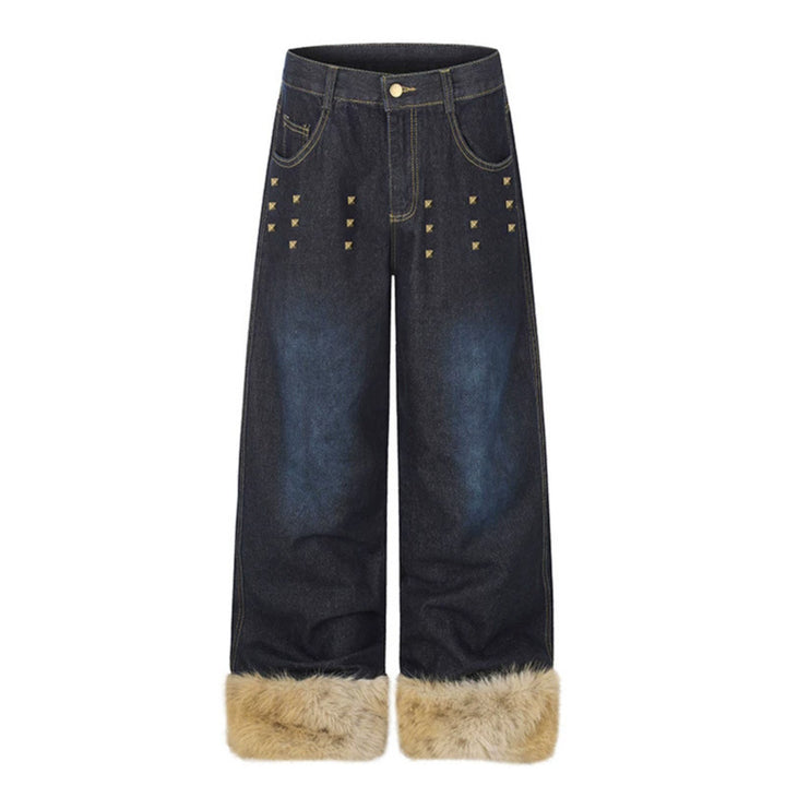 Women's Wide Denim Palazzo Jeans with Fur Cuffs and Studs Amarae
