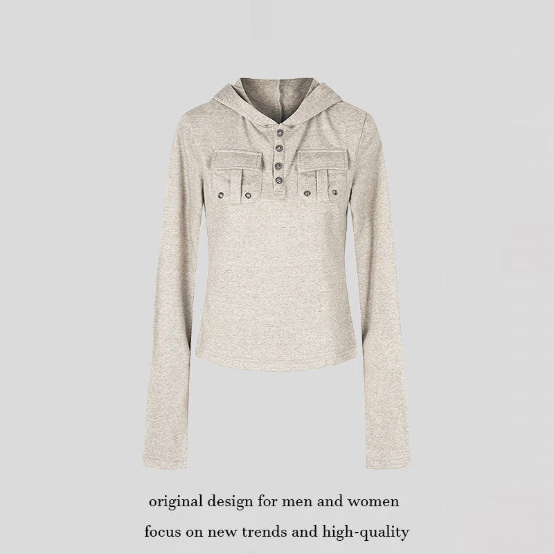 Women's Lightweight Hoodie Long Sleeve Shirt with Henley Button Placket and Patch Chest Pockets Amarae