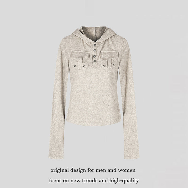 Women's Lightweight Hoodie Long Sleeve Shirt with Henley Button Placket and Patch Chest Pockets Amarae