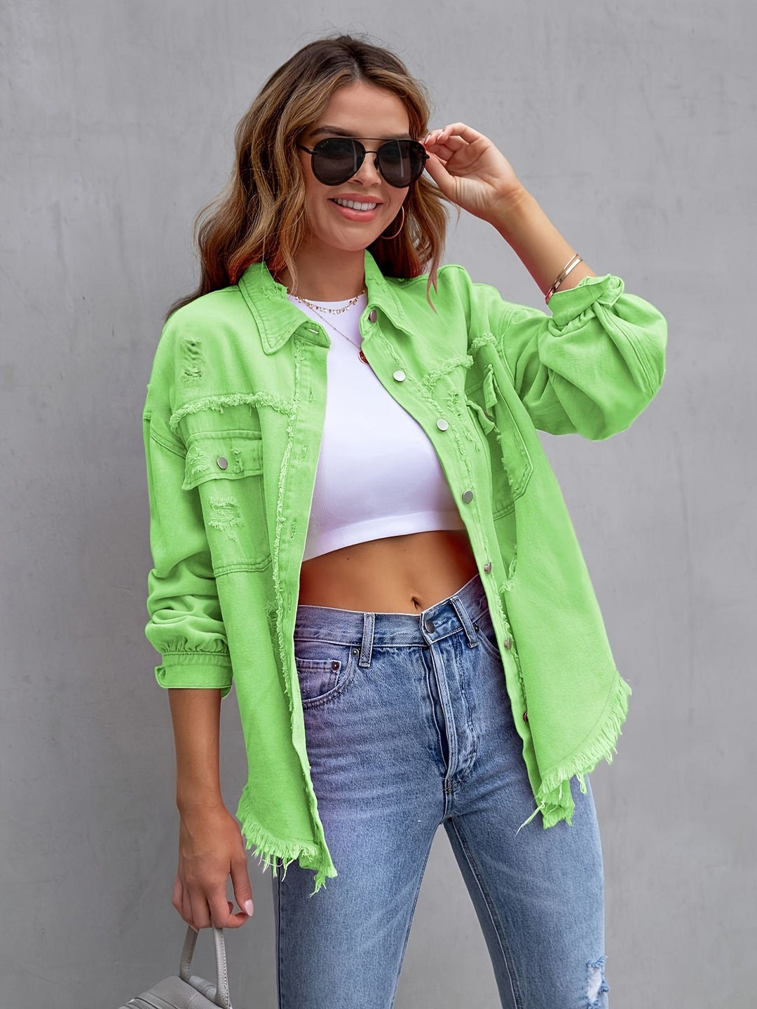 Oversized denim jacket for women with frayed edges and patch pockets Lune London
