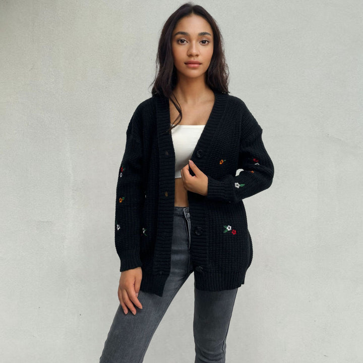 Ladies Chunky Knit Cardigan with Colorful Embroidery and Button Closure Lune London