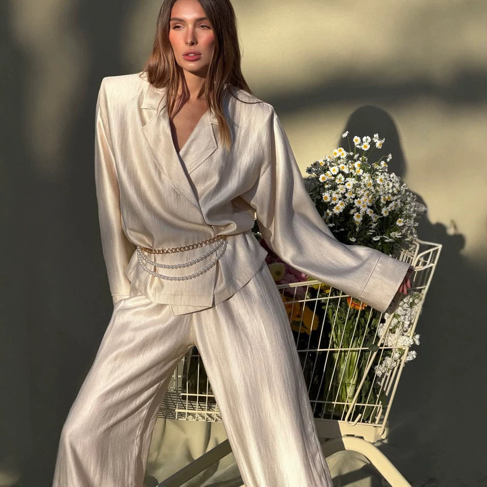 Women's satin two-piece set with wrap blouse, wide pants and elastic waistband Amarae