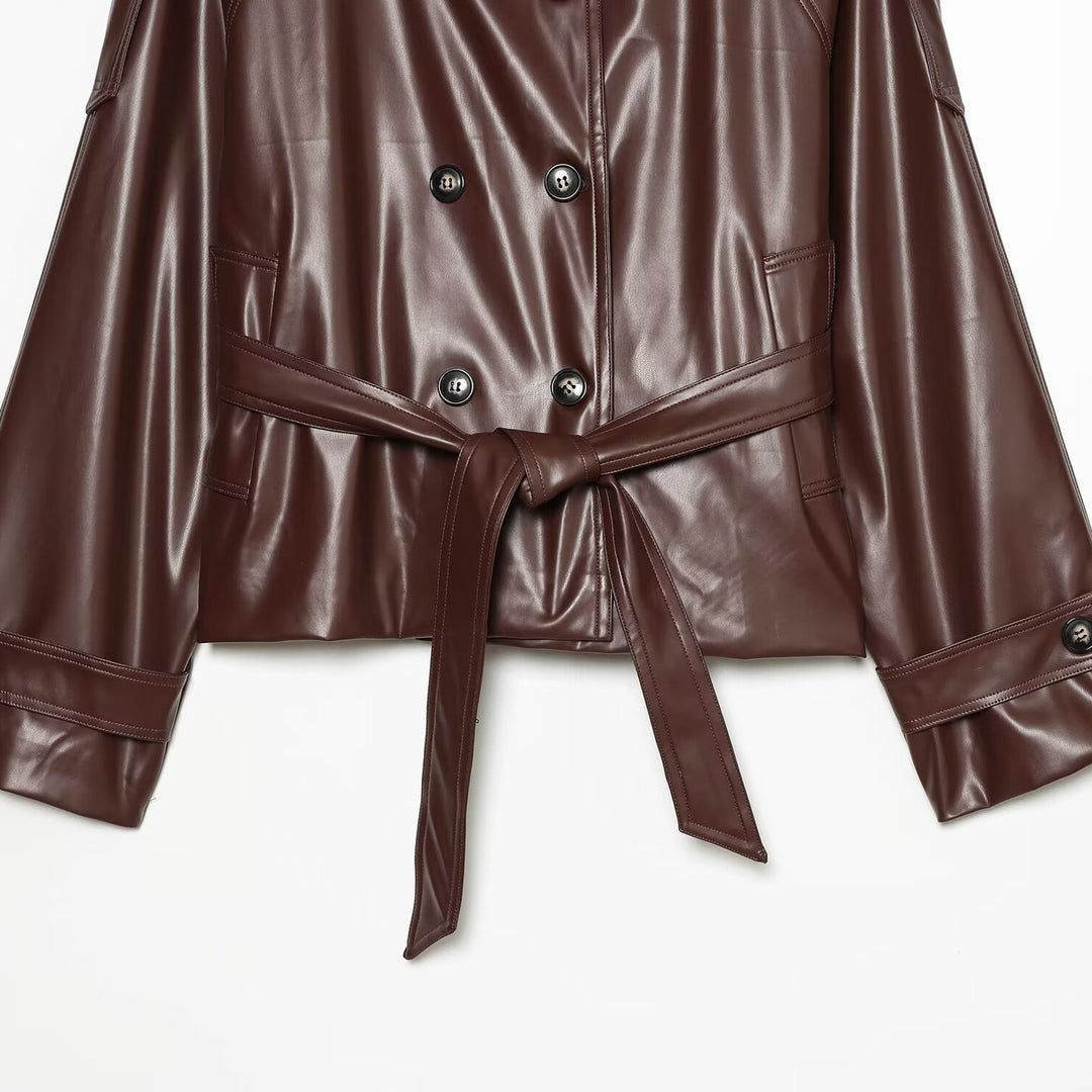 Women's Cropped Faux Leather Jacket with High Collar and Waistband Amarae