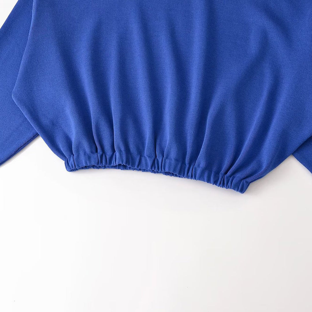 Women's Cropped Oversized Sweater with Stand Collar V-Slit and Gathered Hem Amarae