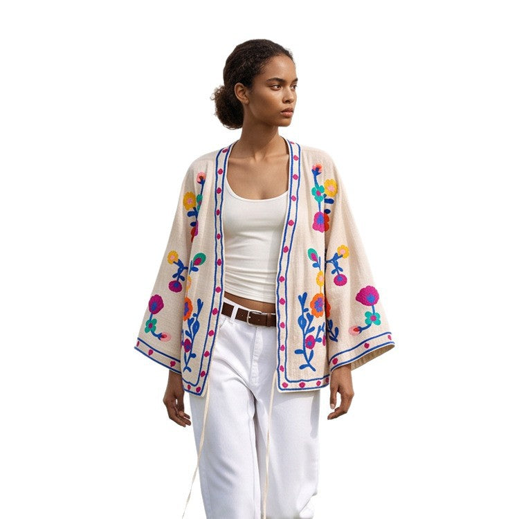 Women embroidered linen wrap jacket with folkloric flower appliqués Amarae