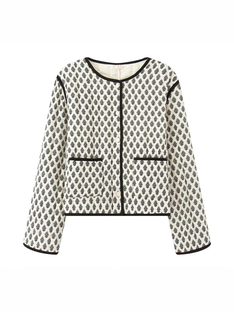 Ladies quilted jacket with decorative pockets and modern print Lune London