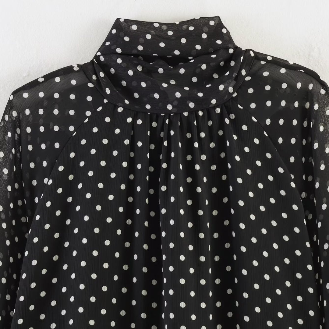 Women's Polka Dot Blouse with High Stand Collar, Ruffled Neckline and Balloon Sleeves Amarae