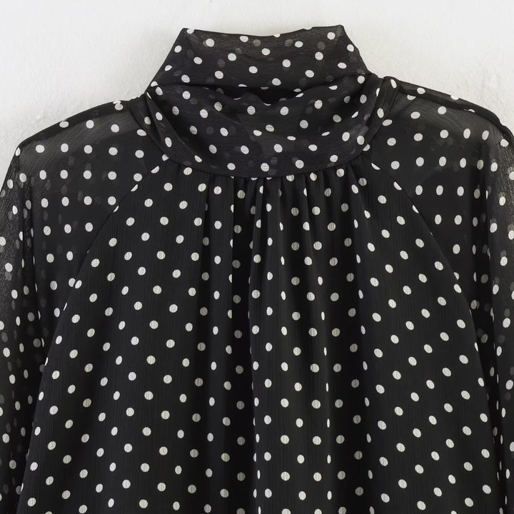 Women's Polka Dot Blouse with High Stand Collar, Ruffled Neckline and Balloon Sleeves Amarae