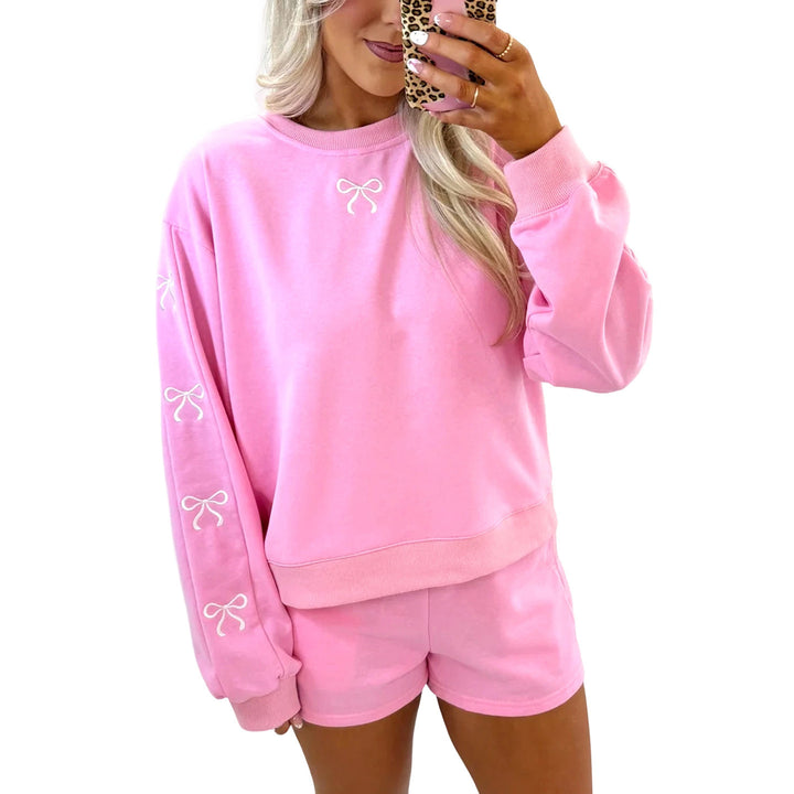 Women's cozy lounge sweat set with shorts and embroidered bows Amarae