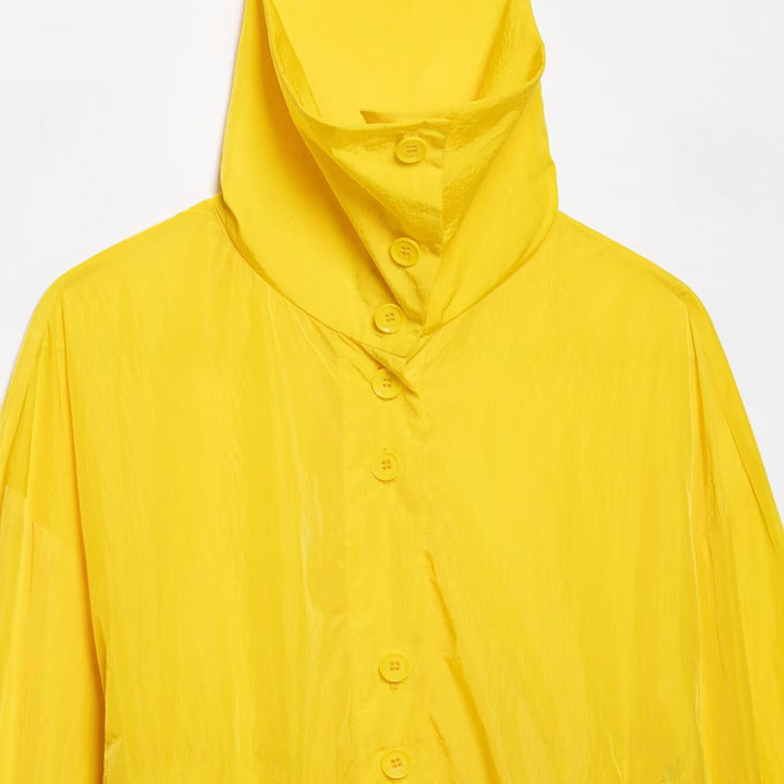 Women's Lightweight Oversized Windbreaker with High Stand Collar, Button Placket and Drawstring