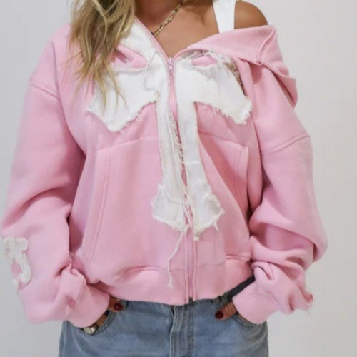 Women's casual hoodie with a unique crossover design and fringe details Amarae