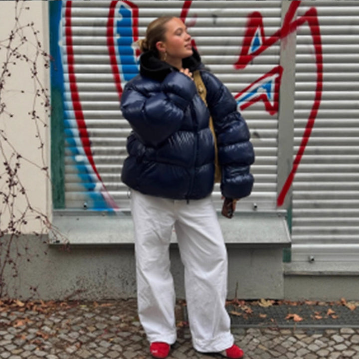 Women's Shiny Oversized Padded Jacket with Hood and High Stand-Up Collar Amarae