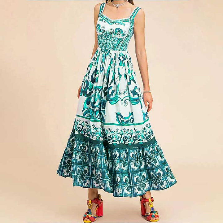 Elegant maxi dress for ladies with a playful ruffle design and lush patterns Lune London