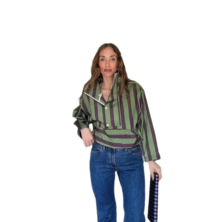 Women Oversized Stripe Sweater with Half Zipper, Stand Collar and Kangaroo Pocket Amarae