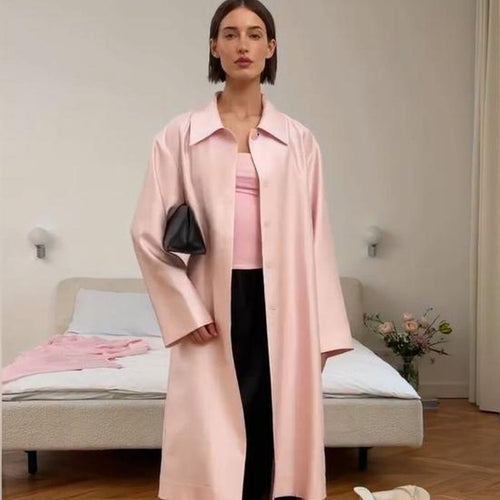 Women’s lightweight satin-like long coat in oversized cut with wide lapels Amarae