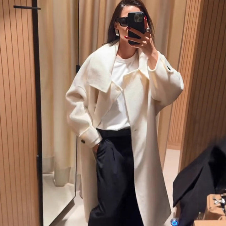 Women Oversize Wool Blend Coat with Asymmetrical Cut and High Stand-Up Collar Amarae