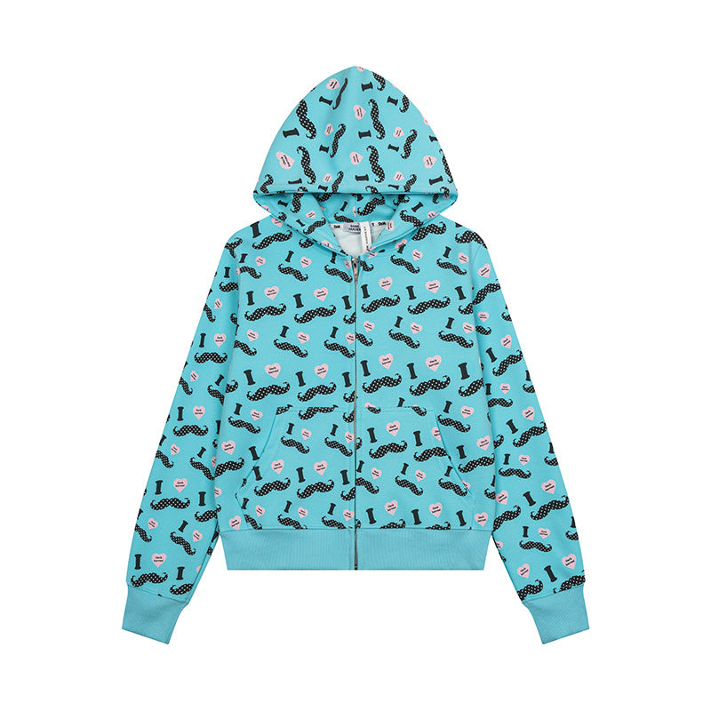 Women's Short Hooded Sweat Jacket with Graphic Print, Ribbed Cuffs, and Kangaroo Pockets Amarae